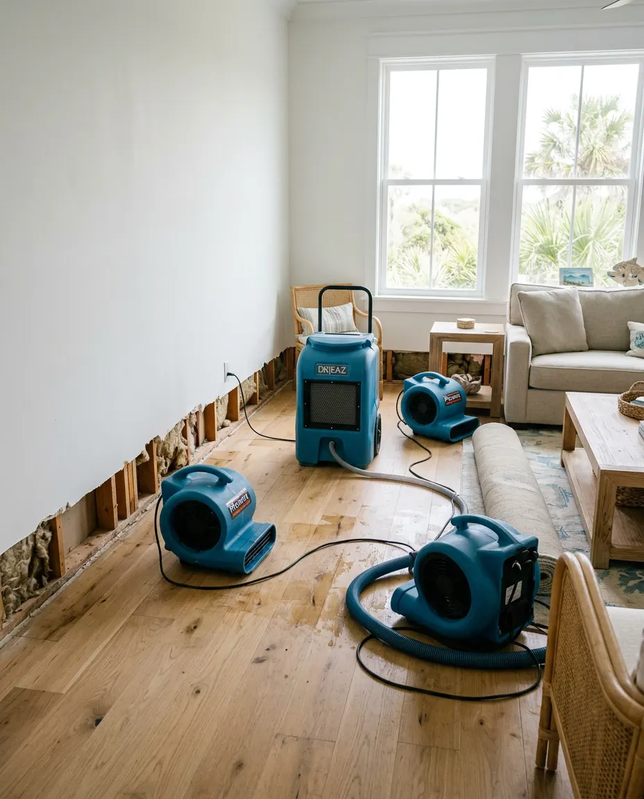 Professional air movers and a dehumidifier drying a living room with the carpet pulled back after a water leak