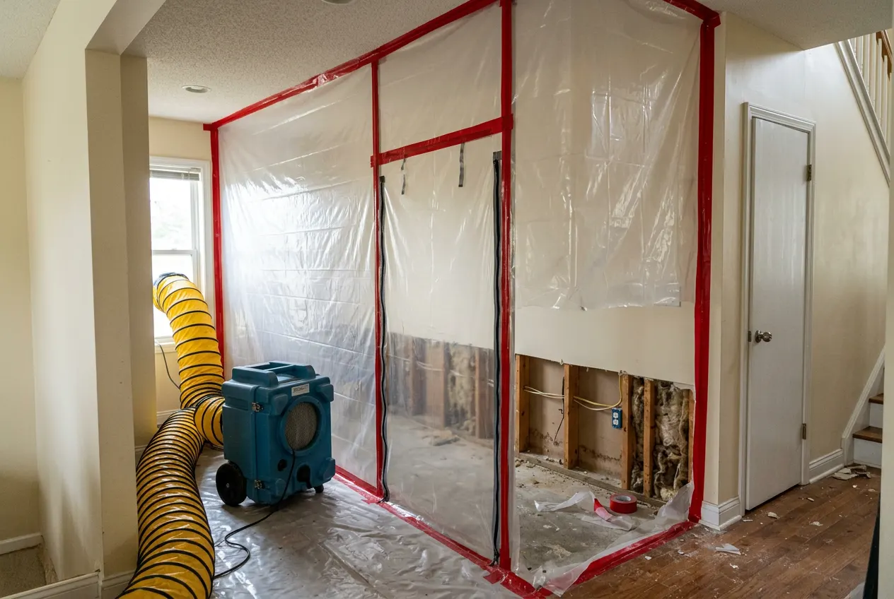 Plastic sheeting containment with a zippered door and an air scrubber inside a home during mold remediation