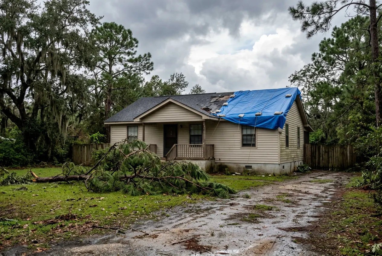 Gulf Coast home with a blue tarp over part of the roof and a fallen limb in the yard after a storm