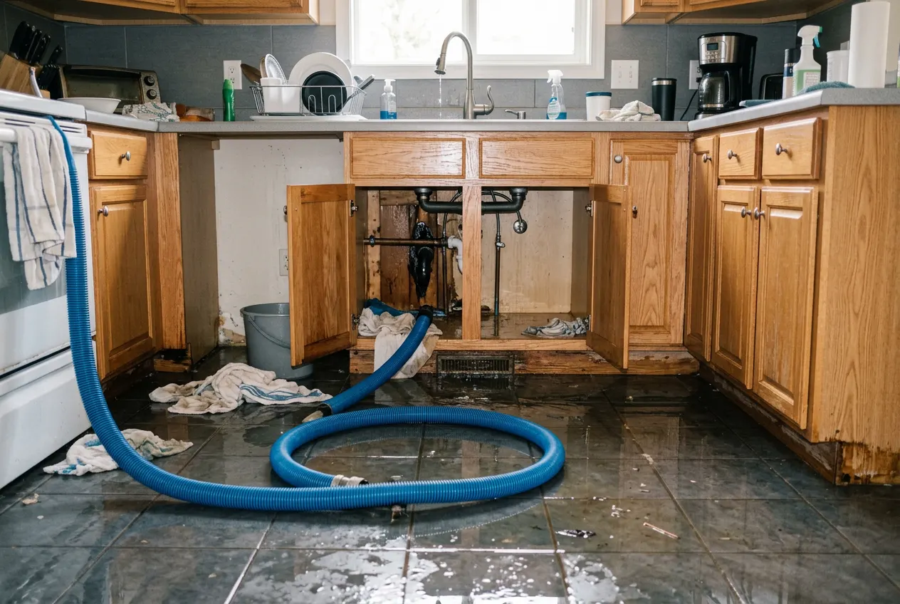 Standing water on a kitchen tile floor beneath an open sink cabinet after a pipe leak